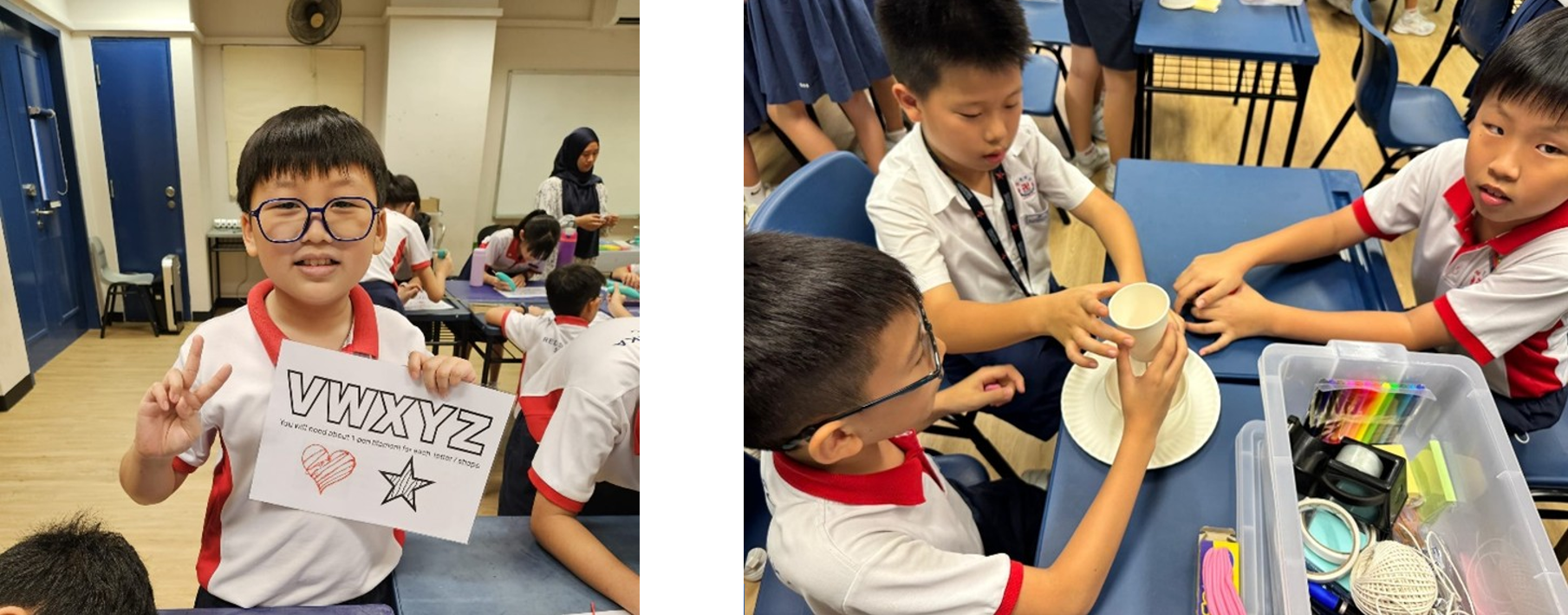 1st image: A student holding up the base of a personalised keychain created with a 3D pen. 2nd image: Students working together to construct a pirate ship prototype using cups, paper plates and craft materials as part of a design challenge.